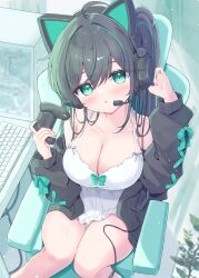 Rule 34 | 1girl, :o, ahoge, animal ear headphones, animal ears, bare shoulders, black hair, black jacket, blush, breasts, camisole, cat ear headphones, chair, cleavage, collarbone, colored inner hair, commentary request, computer, controller, fake animal ears, game controller, green hair, headphones, highres, holding, holding controller, holding game controller, jacket, keyboard (computer), large breasts, long hair, long sleeves, looking at viewer, loungewear, mikaze oto, multicolored hair, open clothes, open jacket, open mouth, original, puffy long sleeves, puffy sleeves, sitting, solo, thighs, two-tone hair, white camisole