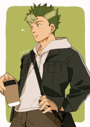 Rule 34 | 1boy, artist name, black jacket, blue eyes, brown pants, coffee cup, cup, disposable cup, earrings, eiyuu densetsu, green background, green hair, hand on own hip, holding, holding cup, hood, hoodie, jacket, jewelry, kevin graham, male focus, open clothes, open jacket, pants, sawaponu3, sen no kiseki, short hair, simple background, solo, white hoodie