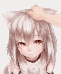 Rule 34 | 1girl, animal ears, detached sleeves, dress, face, female focus, hand on another&#039;s head, head pat, headpat, highres, inubashiri momiji, junwool, lips, looking at viewer, looking up, profile, red eyes, silver hair, simple background, sketch, solo focus, tail, tears, touhou, white dress, wolf ears, wolf tail