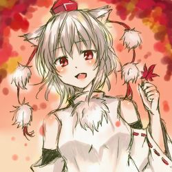 Rule 34 | 1girl, animal ears, autumn leaves, bare shoulders, blush, breasts, happy, hat, inubashiri momiji, koruse, leaf, looking at viewer, open mouth, pom pom (clothes), red eyes, short hair, silver hair, smile, solo, tokin hat, touhou, traditional media, wolf ears