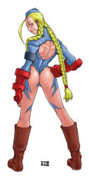Rule 34 | 1990s (style), 1girl, ahoge, alternate costume, antenna hair, armband, armpits, ass, back, bare back, bare shoulders, beret, blonde hair, blue eyes, blue leotard, bodypaint, boots, braid, breasts, cammy white, capcom, elbow gloves, fingerless gloves, from behind, full body, garrison cap, gauntlets, gloves, hand on own hip, hat, highleg, highleg leotard, hip focus, huge ahoge, huge ass, itou yuuji, legs, leotard, long hair, long sleeves, looking at viewer, looking back, muscular, retro artstyle, scar, sideboob, simple background, skin tight, solo, standing, street fighter, street fighter ii (series), street fighter zero (series), thighs, thong leotard, thumbs up, trefoil, twin braids, wedgie, white background, wide hips