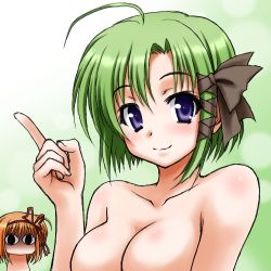 Rule 34 | &lt;o&gt; &lt;o&gt;, 00s, 2girls, ahoge, breast envy, breasts, chibi, chibi inset, flat chest, fuyou kaede, green hair, hair ribbon, index finger raised, large breasts, looking at viewer, lowres, multiple girls, nude, peter (artist), purple eyes, ribbon, shigure asa, shuffle!, smile, topless, upper body, yandere