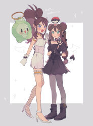 Rule 34 | 2girls, :d, blush, boots, bow, bridal garter, brown hair, commentary request, creatures (company), double bun, dress, duosion, eyelashes, fake horns, foongus, game freak, gen 5 pokemon, gloves, hair bow, hair bun, halloween, halloween costume, high heels, high ponytail, highres, hilda (pokemon), hime (himetya105), holding, horns, long hair, multiple girls, nintendo, on head, open mouth, pantyhose, pokemon, pokemon (creature), pokemon bw, pokemon bw2, pokemon on head, rosa (pokemon), sideocks, smile, sparkle, standing, twintails, white footwear, white gloves