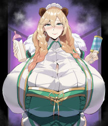 Rule 34 | 1girl, animal ears, apron, baby bottle, blonde hair, blue eyes, bottle, braid, breasts, bursting breasts, cleavage, commentary request, curvy, frigga (last origin), gigantic breasts, highres, holding, holding rattle, kunoichimaru, last origin, long hair, looking at viewer, maid apron, maid headdress, mature female, milk, mole, mole under eye, rattle, smile, solo, steam, toy, twin braids, unmoving pattern, wide hips
