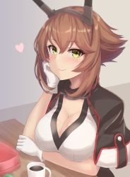 Rule 34 | 1girl, blush, breasts, brown hair, cleavage, closed mouth, coffee, cup, gloves, green eyes, hair between eyes, headgear, heart, highres, kantai collection, large breasts, monoku, mutsu (kancolle), mutsu kai ni (kancolle), short hair, short sleeves, smile, solo, upper body, white gloves
