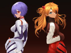 Rule 34 | 2girls, absurdres, ass, ayanami rei, black background, bodysuit, breasts, evangelion: 3.0 you can (not) redo, eyepatch, from behind, hair over one eye, hands in pockets, highres, long hair, long sleeves, looking at viewer, looking back, medium breasts, moon (yfsp7823), multicolored bodysuit, multicolored clothes, multiple girls, neon genesis evangelion, orange hair, plugsuit, purple hair, rebuild of evangelion, red bodysuit, short hair, simple background, souryuu asuka langley, white bodysuit