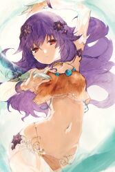 Rule 34 | 1girl, agulo, arm over head, bracelet, dancer, dancing, expressionless, hair ornament, highres, jewelry, looking at viewer, midriff, navel, necklace, purple hair, rance (series), rance 10, red eyes, shariela aries, simple background, solo, wide hips