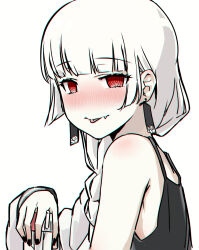 Rule 34 | @ @, albino, alternate eye color, alternate hair color, black dress, black nails, blush, bocchi the rock!, braid, carton, commentary, dress, drinking straw, earrings, fang, fang out, highres, hiroi kikuri, jewelry, pale skin, red eyes, simple background, single braid, tongue, tongue out, torako (toramaru), upper body, white background, white hair