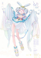 Rule 34 | 1girl, :o, absurdres, ankle bow, ankle ribbon, bare legs, blue ribbon, blush, bow, chinese commentary, chinese text, clothing request, commentary request, dress, flat chest, full body, hair ornament, half-closed eyes, headpiece, highres, kaede (shijie heping), leg ribbon, looking at viewer, open mouth, original, pink eyes, platform footwear, ribbon, short hair, simple background, sleeves past fingers, sleeves past wrists, solo, star-shaped pupils, star (symbol), star print, symbol-shaped pupils, translation request, white background, white dress, white hair, wide sleeves