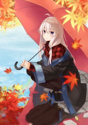 Rule 34 | 1girl, absurdres, ahoge, autumn leaves, azuuru, black coat, black footwear, black pantyhose, blurry, blurry foreground, closed mouth, coat, collared shirt, cover image, day, elaina (majo no tabitabi), full body, hair between eyes, hair ornament, high heels, highres, holding, holding umbrella, leaf, long hair, long sleeves, looking at viewer, majo no tabitabi, maple leaf, novel illustration, off shoulder, official art, outdoors, pantyhose, pavement, plaid, plaid shirt, purple eyes, red shirt, reflection, reflective water, shirt, sidelocks, smile, solo, squatting, textless version, umbrella, water, white hair, wide sleeves
