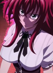 Rule 34 | 10s, 1girl, angry, blue eyes, breasts, female focus, high school dxd, highres, large breasts, long hair, red hair, rias gremory, solo, standing, stitched, third-party edit