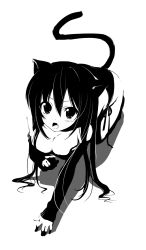 Rule 34 | &gt;:o, 1girl, :o, all fours, animal ears, bare shoulders, black bra, black hair, black panties, blush, bra, breasts, cat ears, cat tail, cleavage, detached sleeves, fang, greyscale, high contrast, highres, lingerie, long hair, long sleeves, monochrome, open mouth, original, panties, shadow, shouna mitsuishi, solo, tail, underwear, v-shaped eyebrows