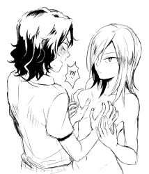 Rule 34 | !?, 1boy, 1girl, aoyagi hajime, blush, breasts, clothed male nude female, eye contact, gender request, genderswap, grabbing, grabbing another&#039;s breast, hair over one eye, hetero, looking at another, monochrome, nude, simple background, surprised, teshima junta, white background, yowamushi pedal