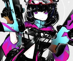 Rule 34 | 1girl, assault rifle, black hair, black jacket, breasts, closed mouth, commentary request, dual wielding, fate/grand order, fate (series), gloves, goggles, goggles on head, gun, holding, holding gun, holding weapon, jacket, kusakanmuri, looking at viewer, navel, osakabehime (fate), osakabehime (swimsuit archer) (fate), osakabehime (swimsuit archer) (first ascension) (fate), pale skin, pouch, purple eyes, rifle, scarf, short hair, solo, sweatdrop, trigger discipline, upper body, weapon