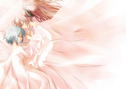 Rule 34 | 10s, 2girls, abo (hechouchou), bad id, bad pixiv id, bare shoulders, bed, bed sheet, blue hair, closed eyes, covering privates, female focus, long hair, mahou shoujo madoka magica, mahou shoujo madoka magica (anime), miki sayaka, multiple girls, nude, nude cover, pillow, ponytail, red hair, sakura kyoko, shared blanket, short hair, sleeping, under covers, yuri