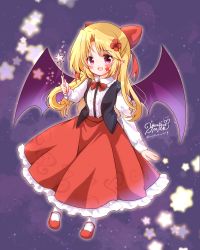 Rule 34 | 1girl, bat girl, bat wings, black vest, blonde hair, blush, bow, center frills, collared shirt, commentary request, demon wings, elis (touhou), facial mark, frilled skirt, frills, hair bow, highres, long hair, long skirt, long sleeves, mary janes, open clothes, open mouth, open vest, pointy ears, purple eyes, purple wings, red bow, red footwear, red skirt, shirt, shoes, skirt, star (symbol), star wand, touhou, touhou (pc-98), vest, wand, white legwear, wings, yurufuwa milk