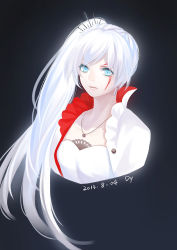 Rule 34 | 10s, 1girl, 2013, artist name, black background, blue eyes, dated, dy (372127010), earrings, hair ornament, jewelry, long hair, necklace, ponytail, rwby, scar, side ponytail, signature, solo, upper body, weiss schnee, white hair