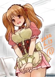 Rule 34 | 1girl, asahina mikuru, blush, breasts, commentary request, corset, dated, embarrassed, headdress, highres, large breasts, long hair, maid, official alternate costume, official alternate hairstyle, open mouth, orange eyes, orange hair, oumi mizu, puffy short sleeves, puffy sleeves, short sleeves, solo, suzumiya haruhi no yuuutsu, twintails, wrist cuffs