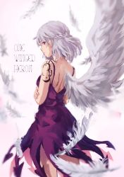 Rule 34 | 1girl, arm tattoo, back, braid, commentary, dress, english commentary, falling feathers, feathered wings, feathers, french braid, highres, himuhino, kishin sagume, looking back, purple dress, red eyes, scar, short hair, single wing, solo, stitches, tattoo, touhou, wings