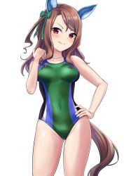Rule 34 | alternate costume, animal ears, blush, breasts, brown hair, collarbone, commentary request, green one-piece swimsuit, hand on own hip, head tilt, herohero (higashi no dou), highres, horse ears, horse girl, horse tail, king halo (umamusume), looking at viewer, medium breasts, medium hair, navel, one-piece swimsuit, parted bangs, red eyes, simple background, swept bangs, swimsuit, tail, thighs, umamusume, white background