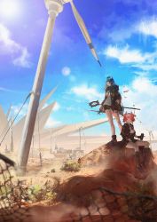 Rule 34 | 2girls, absurdres, arknights, black footwear, black jacket, black shorts, black wings, blouse, blue hair, blue sky, boots, bush, can, chain-link fence, cloud, cloudy sky, damaged, desert, energy wings, fence, fiammetta (arknights), gloves, grey shirt, gyoukan (jfxc), halo, highres, holding, holding can, holding staff, jacket, mostima (arknights), multiple girls, open clothes, open jacket, originium (arknights), red eyes, red gloves, red hair, scenery, shirt, short shorts, shorts, sitting, sky, staff, standing, sun, windmill, wings