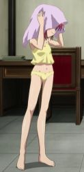 Rule 34 | 00s, 1girl, barefoot, camisole, chouhi, flat chest, koihime musou, lingerie, long legs, midriff, navel, panties, red hair, screencap, short hair, solo, stitched, third-party edit, towel, towel on head, underwear