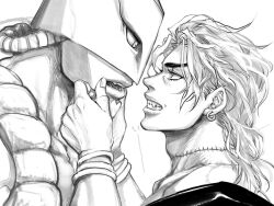 Rule 34 | 2boys, bracelet, clenched teeth, dio brando, fangs, greyscale, jewelry, jojo no kimyou na bouken, looking at another, male focus, merumeru626, monochrome, mullet, multiple boys, scar, scar on neck, sharp teeth, stand (jojo), stardust crusaders, stitched neck, stitches, teeth, the world
