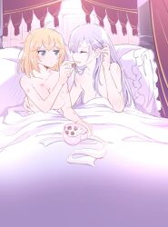 Rule 34 | 2girls, ahoge, anisphia wynn palettia, bed, bite mark, bite mark on arm, bite mark on breast, bite mark on shoulder, blonde hair, blush, box, breasts, chocolate, cleavage, closed eyes, closed mouth, collarbone, couple, curtains, euphyllia magenta, eyebrows hidden by hair, feeding, food, green eyes, grey hair, hair between eyes, hair down, heart-shaped box, hickey, highres, holding, holding chocolate, holding food, implied after sex, indoors, large breasts, long hair, looking at another, medium breasts, messy hair, multiple girls, nude, open mouth, pillow, qqwan120, short hair, smile, straight hair, tensei oujo to tensai reijou no mahou kakumei, under covers, yuri