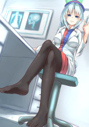 Rule 34 | 1girl, adapted costume, black pantyhose, blue eyes, blurry, blush, borushichi, braid, breasts, chair, contemporary, cross, crossed legs, depth of field, feet, from below, hair intakes, hat, highres, indoors, jacket, long hair, looking at viewer, medium breasts, no shoes, nurse cap, office chair, open clothes, open jacket, pantyhose, parted lips, red cross, silver hair, single braid, sitting, smile, solo, swivel chair, syringe, touhou, very long hair, x-ray, yagokoro eirin