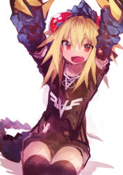 Rule 34 | 1girl, absurdres, animal hands, arms up, black shorts, black thighhighs, blonde hair, claws, extra eyes, fang, highres, kaamin (mariarose753), lizard tail, long hair, looking at viewer, monster girl, open mouth, original, red eyes, reptile girl, shirt, short sleeves, shorts, simple background, sitting, skin fang, solo, tail, thighhighs, tokage (kaamin), upper body, white background, white shirt