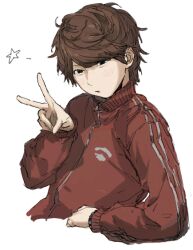 Rule 34 | 1boy, :/, black eyes, brown hair, closed mouth, commentary request, cropped torso, hand up, jacket, jiz (pffbq), kiyo (youtuber), long sleeves, looking at viewer, male focus, real life, red jacket, short hair, simple background, solo, star (symbol), upper body, v, white background