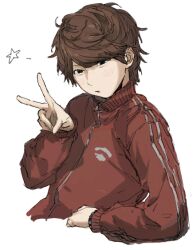 1boy :/ black_eyes brown_hair closed_mouth commentary_request cropped_torso hand_up jacket jiz_(pffbq) kiyo_(youtuber) long_sleeves looking_at_viewer male_focus real_life red_jacket short_hair simple_background solo star_(symbol) upper_body v white_background