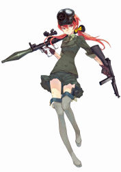 Rule 34 | 1girl, boots, bow, buckle, dual wielding, female focus, frown, gas mask, gloves, gun, hair bow, hair ribbon, handgun, high-explosive anti-tank (warhead), highres, holding, jacket, long hair, maeda risou, man-portable anti-tank systems, mask, military, military uniform, necktie, original, pink hair, pistol, pleated skirt, red eyes, red hair, ribbon, rocket-propelled grenade, rocket (projectile), rocket launcher, rpg, rpg-7, rpg (weapon), simple background, skirt, sleeves rolled up, solo, submachine gun, thigh boots, thighhighs, thompson submachine gun, twintails, uniform, weapon, white background