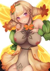 Rule 34 | 1girl, blonde hair, blush, breasts, closed mouth, fairy wings, fire emblem, fire emblem heroes, flower, gradient hair, hair flower, hair ornament, hairband, jtaka, large breasts, multicolored hair, navel, nintendo, nipples, orange hair, peony (fire emblem), purple eyes, see-through, simple background, solo, twintails, white background, wings