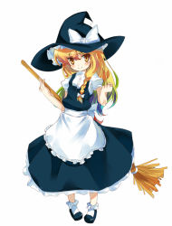 Rule 34 | 1girl, bad id, bad pixiv id, blonde hair, braid, broom, dress, female focus, full body, hat, kirisame marisa, long hair, minami-nyan, simple background, solo, touhou, white background, witch, witch hat, yellow eyes