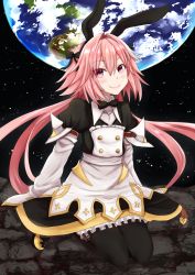 Rule 34 | 1boy, astolfo (fate), astolfo (saber) (fate), astolfo (saber) (third ascension) (fate), black bow, black gloves, black pantyhose, black ribbon, blush, bow, bowtie, commentary request, dress, earth (planet), fang, fate/grand order, fate (series), gloves, hair between eyes, hair bow, hair intakes, hair ribbon, highres, kakan (amka), long hair, long sleeves, looking at viewer, male focus, multicolored hair, pantyhose, pink hair, planet, purple eyes, ribbon, smile, solo, streaked hair, trap, twintails, white hair