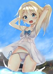 Rule 34 | 1girl, :d, alice zuberg, armpits, arms up, bare arms, bare shoulders, blonde hair, blue bow, blue eyes, blue sky, blush, bow, breasts, cac itinose, cloud, collarbone, commentary request, day, dress, gluteal fold, hair between eyes, hairband, hands in hair, head tilt, highres, long hair, navel, open mouth, outdoors, panties, round teeth, side-tie panties, sky, sleeveless, sleeveless dress, small breasts, smile, solo, standing, sundress, sword art online, teeth, underwear, upper teeth only, water, white dress, white hairband, white panties