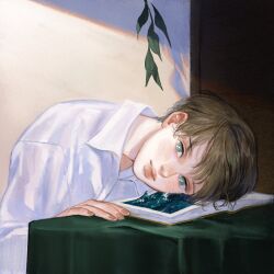 Rule 34 | 1boy, blue eyes, book, brown hair, closed mouth, hand up, head on table, head rest, highres, korean commentary, leaf, looking at viewer, looking to the side, male focus, n0ma, open book, original, shirt, short hair, smile, solo, sunlight, surreal, through medium, through page, upper body, water, waves, white shirt