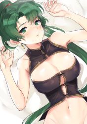 Rule 34 | 1girl, absurdres, alternate costume, armpits, asymmetrical bangs, bare arms, bare shoulders, bed, black shirt, blush, bottomless, breasts, chinese clothes, cleavage, cleavage cutout, clothing cutout, corset, earrings, female focus, fire emblem, fire emblem: the blazing blade, from above, green eyes, green hair, groin, hands up, high ponytail, highres, jewelry, large breasts, long hair, looking at viewer, lying, lyn (fire emblem), nintendo, on back, open mouth, ormille, ponytail, shadow, shirt, simple background, sleeveless, sleeveless shirt, solo, sweatdrop, very long hair, wondnavel