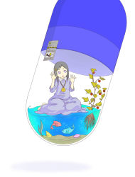 Rule 34 | 1girl, against glass, aquarium, barefoot, brown hair, capsule, diode (0 division), dress, drugs, fish, flying, hair ornament, hairclip, in container, jewelry, kneeling, medal, medallion, mini person, minigirl, necklace, original, pill, plant, purple eyes, sign, solo, trapped, warning sign, water