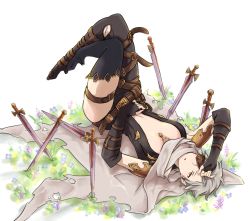 Rule 34 | 10s, 1girl, :o, belt, black gloves, black thighhighs, bodysuit, breasts, cape, center opening, elbow gloves, eyepatch, flower, gloves, granblue fantasy, grass, hand on own head, hand on own stomach, high heels, highres, jewelry, knife, legs together, legs up, lying, medium breasts, navel, necklace, omuraisu (hamburger steak), on back, open mouth, orange eyes, planted, shadowverse, short hair, silver hair, single thighhigh, solo, tania (granblue fantasy), tanya (granblue fantasy), thigh strap, thighhighs, torn cape, torn clothes, weapon