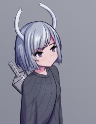 Rule 34 | 1girl, black cloak, bob cut, cloak, expressionless, grey background, highres, hollow knight, horns, knight (hollow knight), looking up, personification, plo1154, purple eyes, short hair, silver hair, simple background, solo, weapon, weapon on back