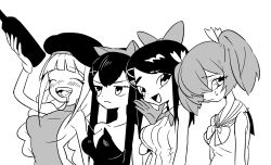 Rule 34 | 4girls, animal ear hairband, animal ears, arm up, blush, bottle, bow, bowtie, braid, breasts, cat ear hairband, cat ears, cherry blossoms, closed eyes, collarbone, collared shirt, commentary request, crying, crying with eyes open, drooling, drunk, fake animal ears, fangs, flower, frown, furrowed brow, gloves, greyscale, hair bow, hair flower, hair ornament, hairband, hand to own mouth, highres, holding, holding bottle, hunched over, kushiro (oide yo mahou shoujo mura), large breasts, leotard, lineup, long hair, looking at viewer, low twin braids, magical girl, monochrome, mouth drool, multiple girls, nedoco, nemuro (oide yo mahou shoujo mura), oide yo mahou shoujo mura, open mouth, protected link, ribbed shirt, sailor collar, seiko (oide yo mahou shoujo mura), shirt, short twintails, sideboob, simple background, sleeveless, sleeveless shirt, sleeveless turtleneck, smile, strapless, strapless leotard, tears, tomakomai (oide yo mahou shoujo mura), turtleneck, twin braids, twintails, upper body, v-shaped eyebrows