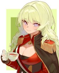 Rule 34 | 1girl, azur lane, braid, breasts, cape, cleavage, cleavage cutout, clothing cutout, cup, dress, gloves, grey hair, highres, holding, holding cup, large breasts, long hair, long sleeves, looking at viewer, military, military uniform, pannko6216, purple eyes, red dress, simple background, smile, solo, teacup, uniform, vittorio veneto (azur lane), white gloves