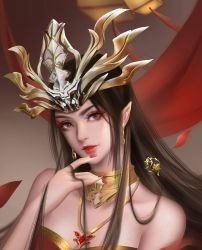Rule 34 | 1girl, bare shoulders, brown hair, cai lin (doupo cangqiong), doupo cangqiong, dress, earrings, hair ornament, hand up, highres, jewelry, long hair, looking up, nail polish, necklace, parted lips, pointy ears, portrait, red dress, red eyes, red nails, second-party source, sgmmwan, solo, tassel