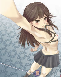 Rule 34 | 1girl, arashio (kancolle), arm up, armpits, black legwear, blush, breasts, brown eyes, brown hair, cellphone, cellphone photo, cleft of venus, cloritin, commentary request, d:, eyelashes, from behind, furrowed brow, grey skirt, highres, kantai collection, long hair, looking at viewer, looking back, miniskirt, nipples, no panties, o-ring, open mouth, outstretched arm, phone, pleated skirt, pussy, selfie, selfie stick, skirt, small breasts, smartphone, smartphone case, solo, standing, topless, twisted torso, upskirt