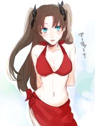 Rule 34 | 1girl, arms behind back, bare shoulders, bikini, blue eyes, blush, breasts, brown hair, cleavage, fate/stay night, fate (series), hair ornament, lips, long hair, looking at viewer, medium breasts, navel, open mouth, ribbon, solo, standing, swimsuit, tohsaka rin, twintails
