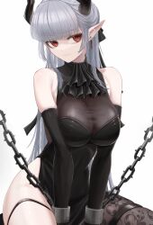 Rule 34 | 1girl, arknights, ascot, black ascot, black dress, breasts, chain, chained sarkaz girl, cuffs, demon girl, demon horns, dress, earrings, grey hair, highres, horns, jewelry, large breasts, long hair, looking at viewer, mildt, pointy ears, red eyes, simple background, sleeveless, sleeveless dress, solo, thigh strap, white background