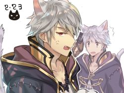 Rule 34 | 2boys, angry, animal ears, cape, cat ears, dark persona, fire emblem, fire emblem awakening, fire emblem heroes, gloves, grima (fire emblem), hamomo fe, hood, looking at viewer, multiple boys, nintendo, open mouth, red eyes, robe, robin (fire emblem), robin (male) (fire emblem), short hair, simple background, white hair