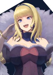 Rule 34 | 1girl, :d, bangle, bare shoulders, blonde hair, blue choker, blue eyes, blue hairband, bracelet, breasts, choker, commentary request, constance von nuvelle, dress, earrings, fire emblem, fire emblem: three houses, fire emblem warriors: three hopes, gloves, grey gloves, hairband, hand up, head tilt, highres, jewelry, labebebe lee, large breasts, looking at viewer, medium hair, nintendo, off-shoulder dress, off shoulder, official alternate costume, official alternate hairstyle, open mouth, smile, solo, upper body